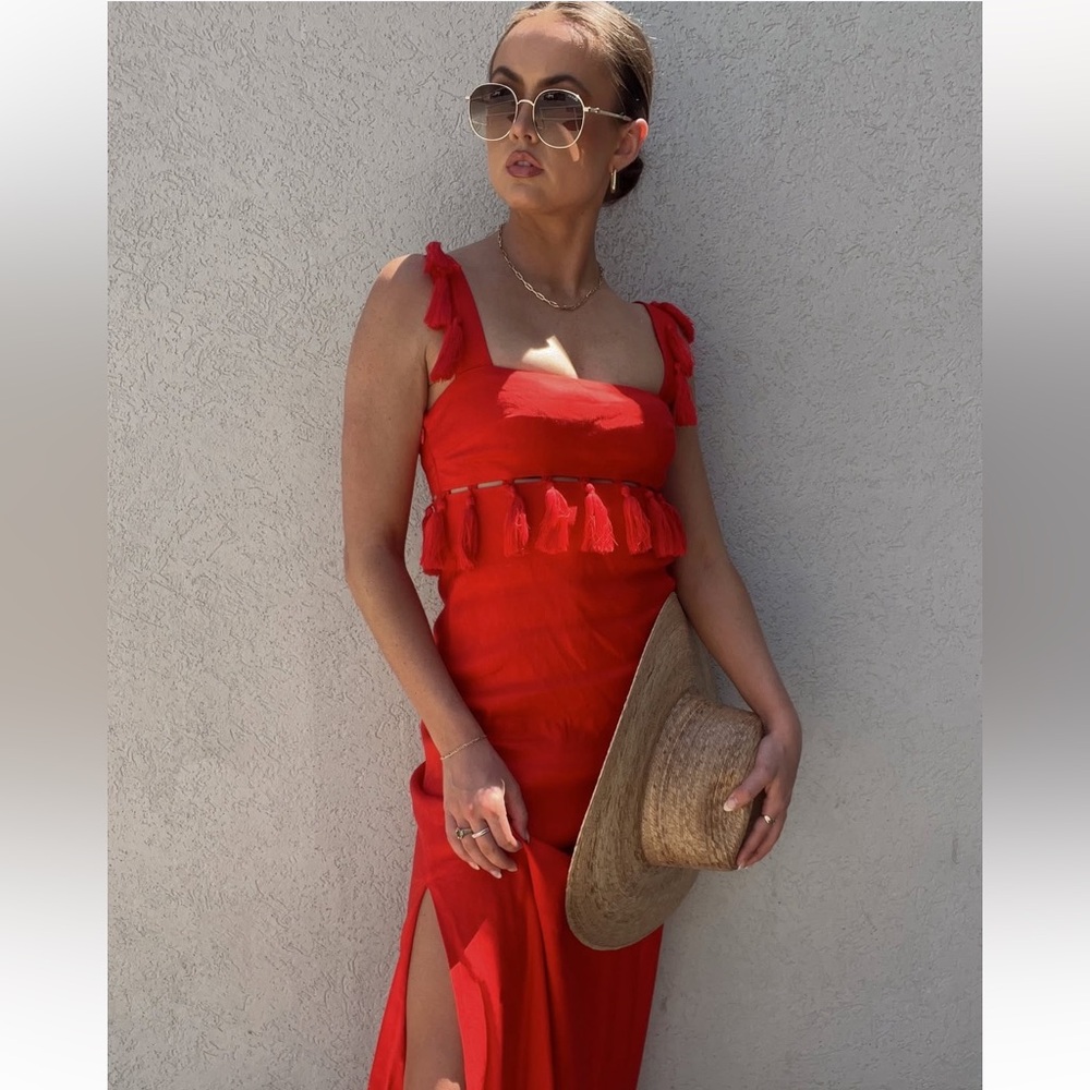 NWT Antonio Melani x The Nat Note Cici Tassel Linen blend Maxi Dress Size 16 - Picture 2 of 9